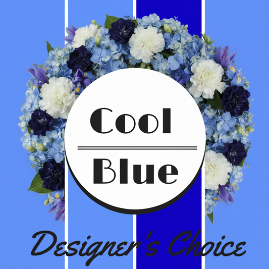 Bouquet of flowers with 'Cool Blue Designer's Choice' text on a blue and gray striped background